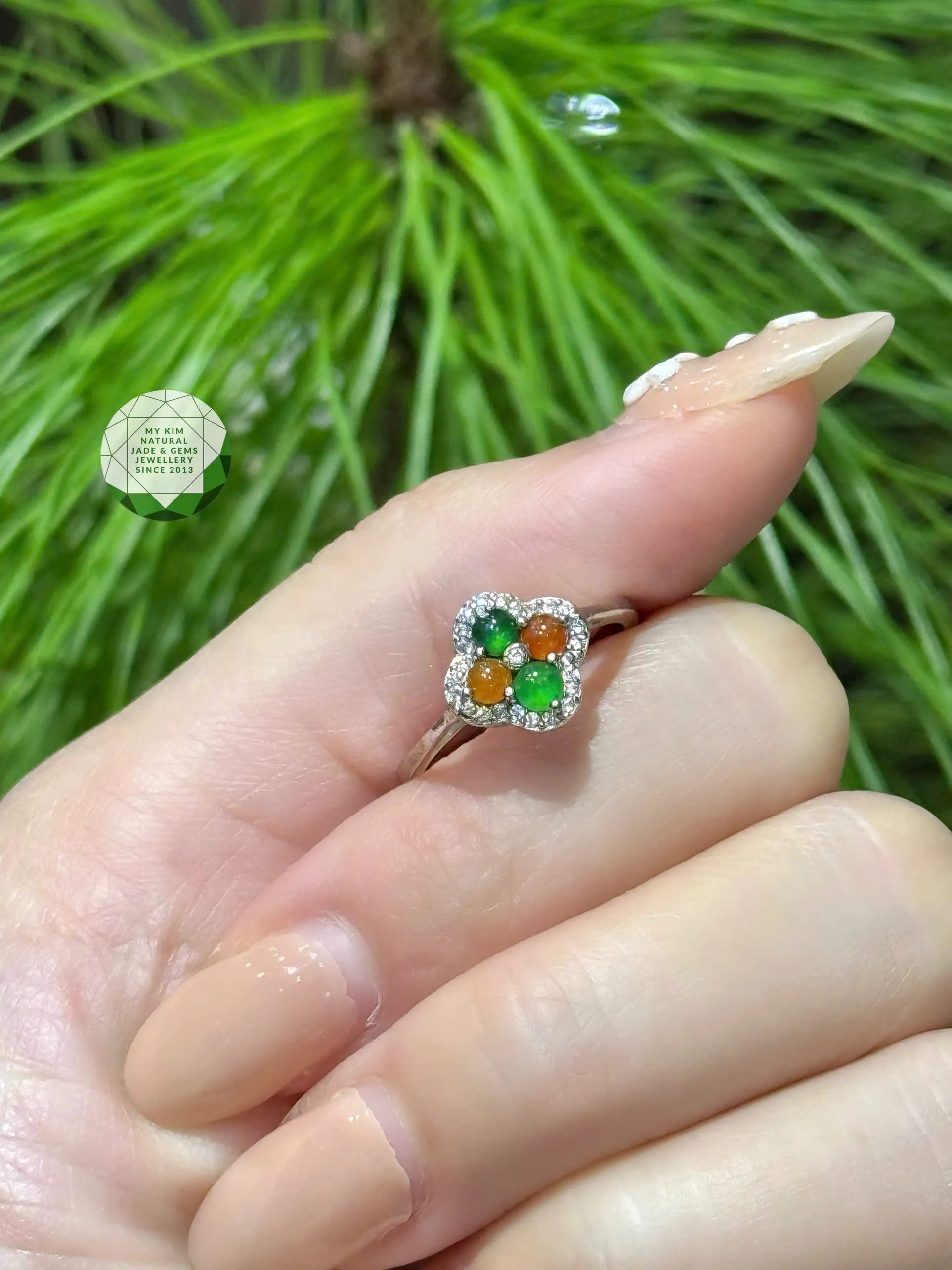 💚 Nhẫn Cỏ Bốn Lá Ngọc Phỉ Thúy – Bạc Si Vàng Trắng Cao Cấp