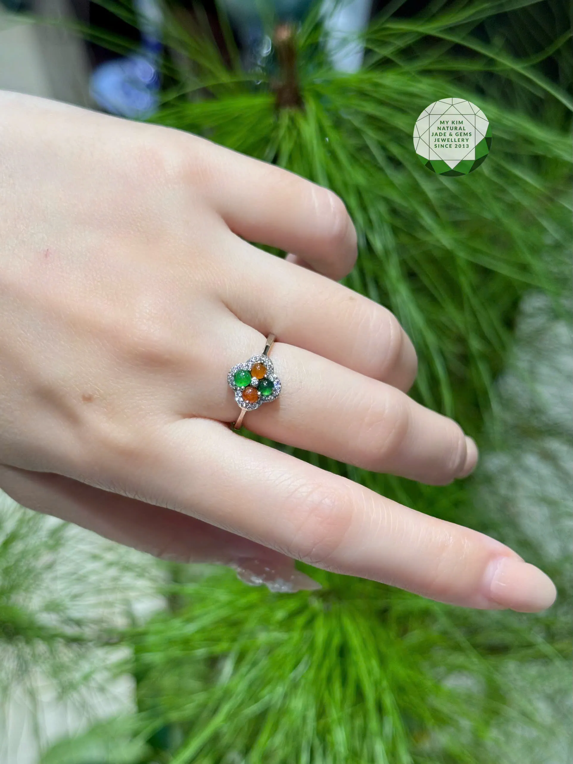 💚 Nhẫn Cỏ Bốn Lá Ngọc Phỉ Thúy – Bạc Si Vàng Trắng Cao Cấp