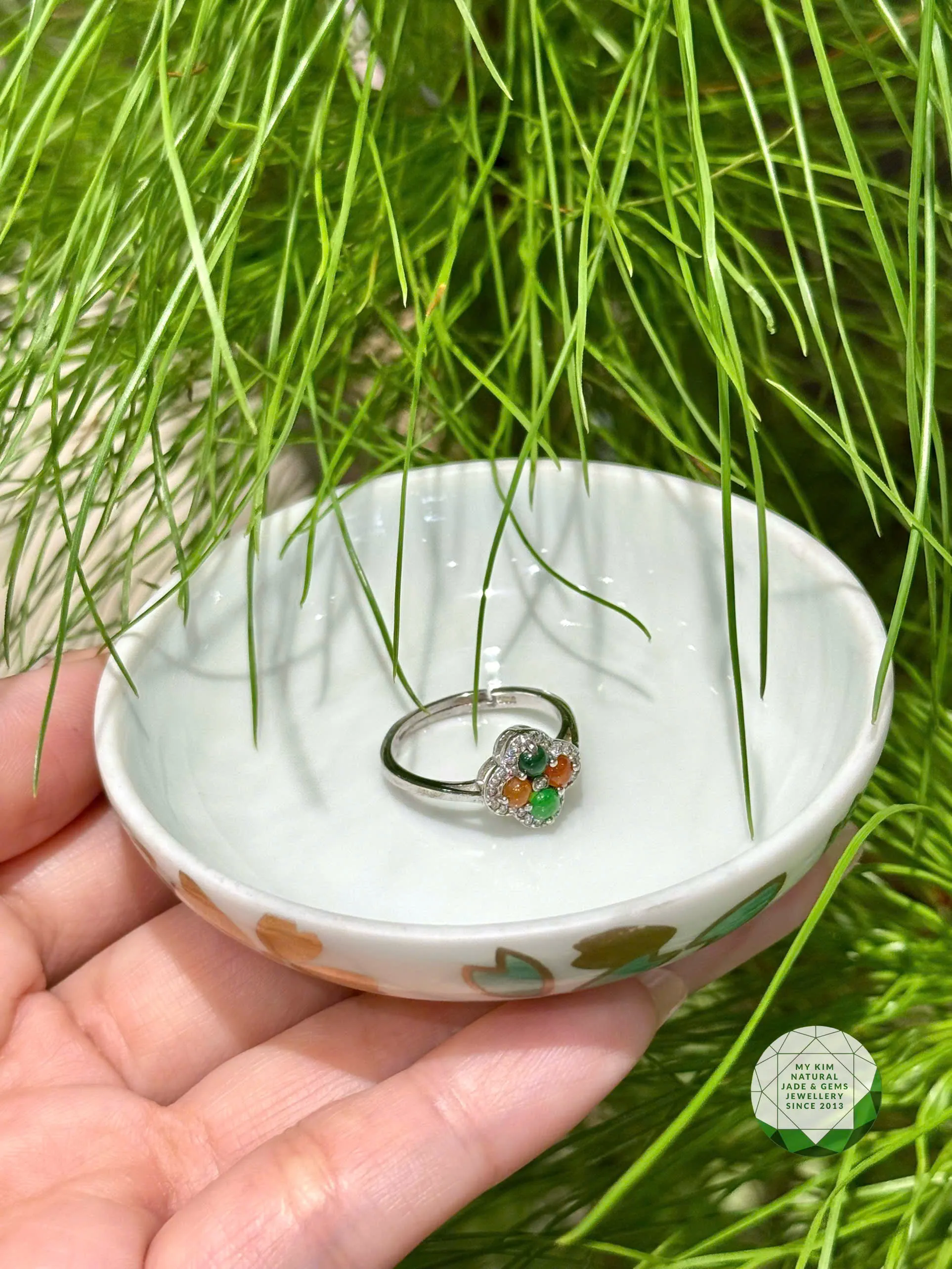 💚 Nhẫn Cỏ Bốn Lá Ngọc Phỉ Thúy – Bạc Si Vàng Trắng Cao Cấp