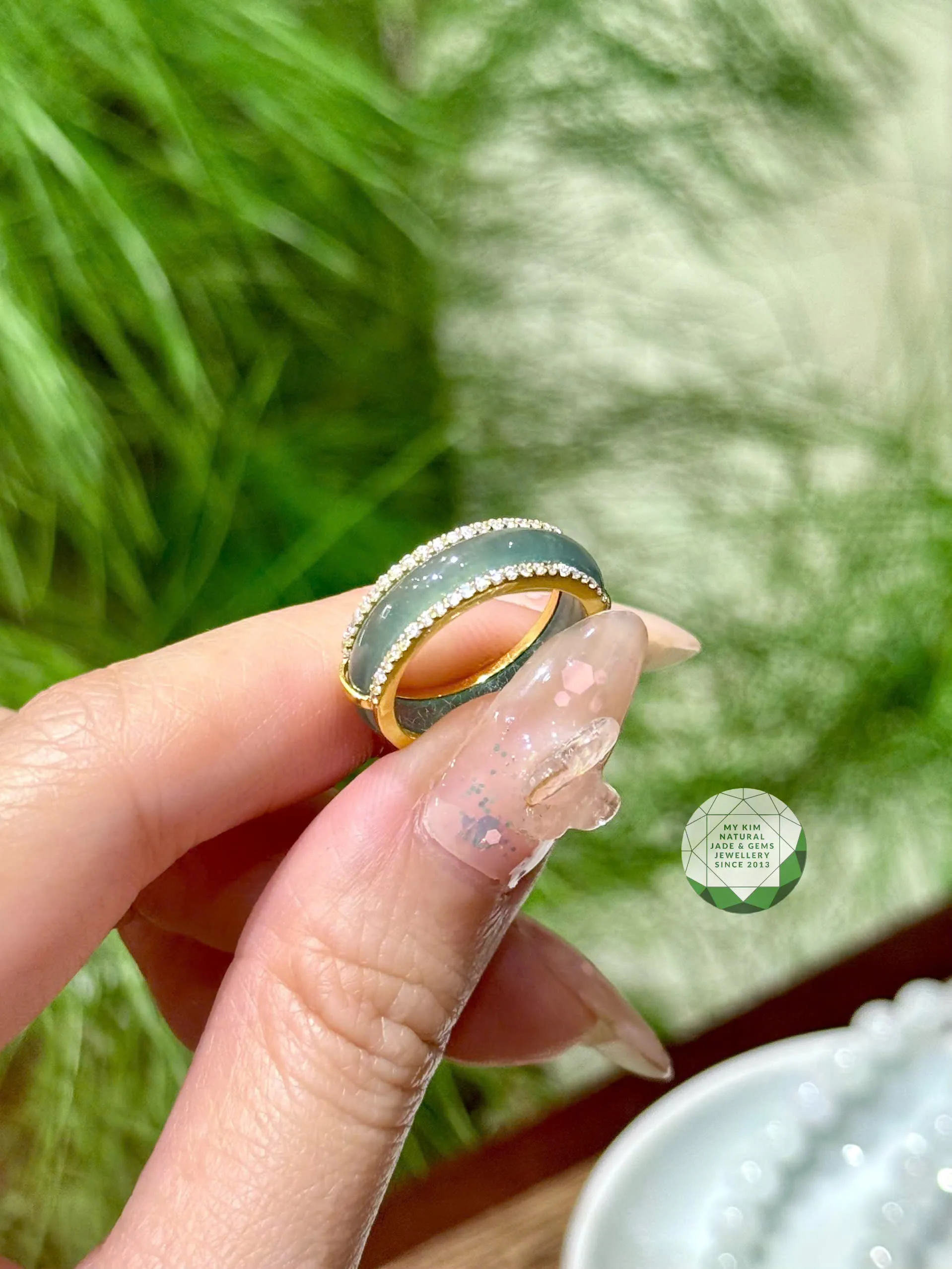 ✨ Nhẫn Lam Ngọc Phỉ Thúy Viền Vàng Đính Moissanite