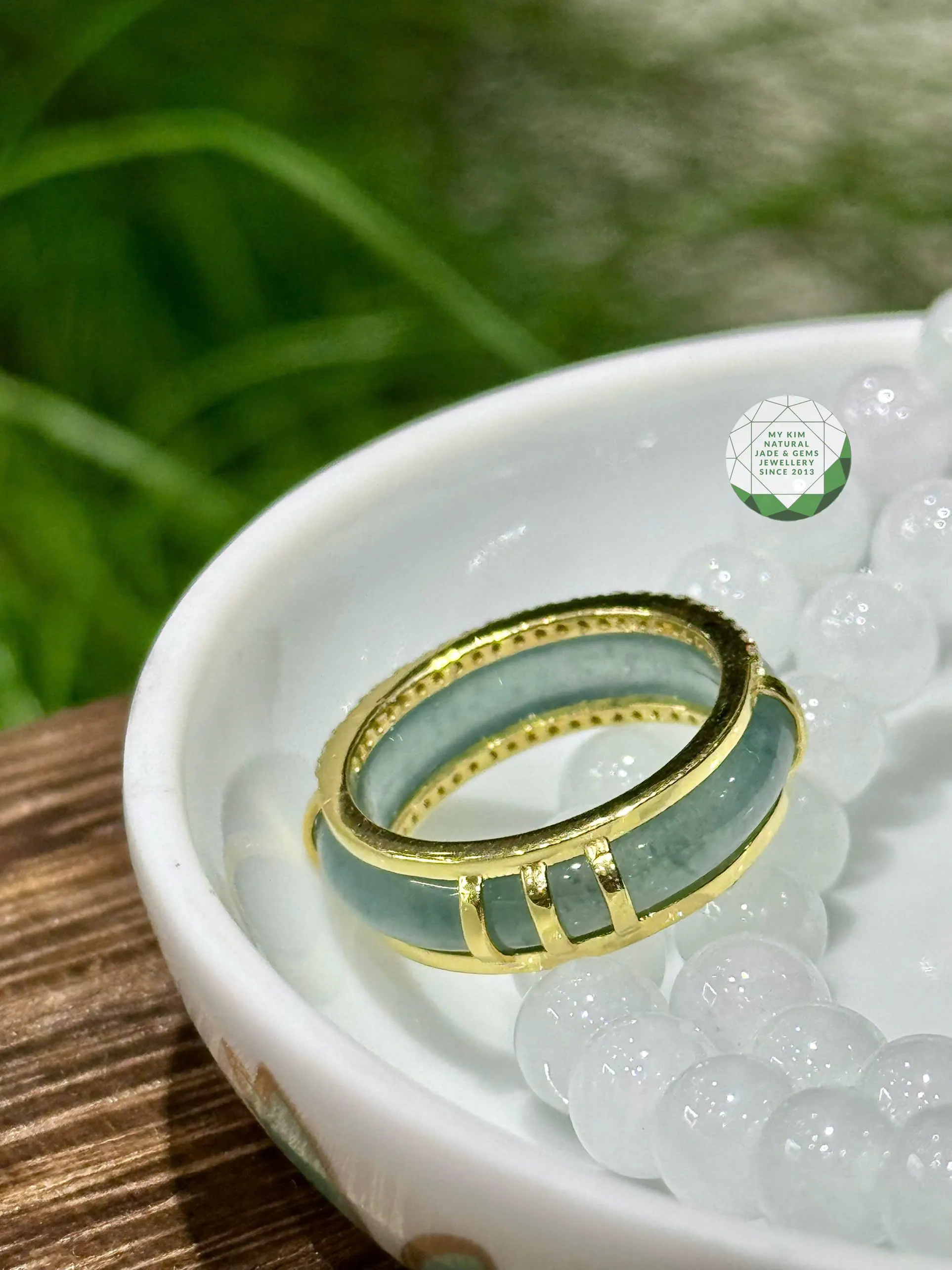 ✨ Nhẫn Lam Ngọc Phỉ Thúy Viền Vàng Đính Moissanite