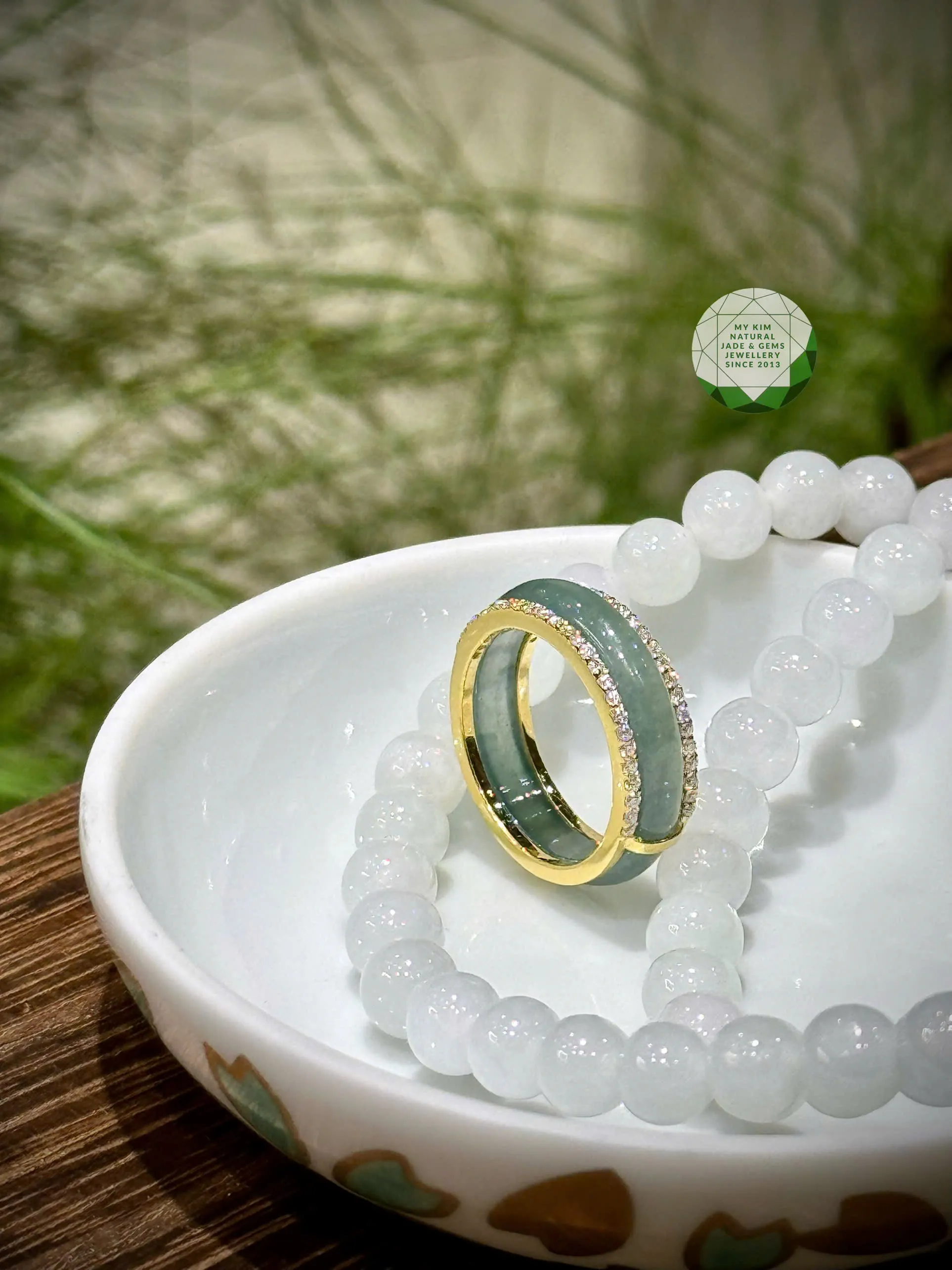 ✨ Nhẫn Lam Ngọc Phỉ Thúy Viền Vàng Đính Moissanite