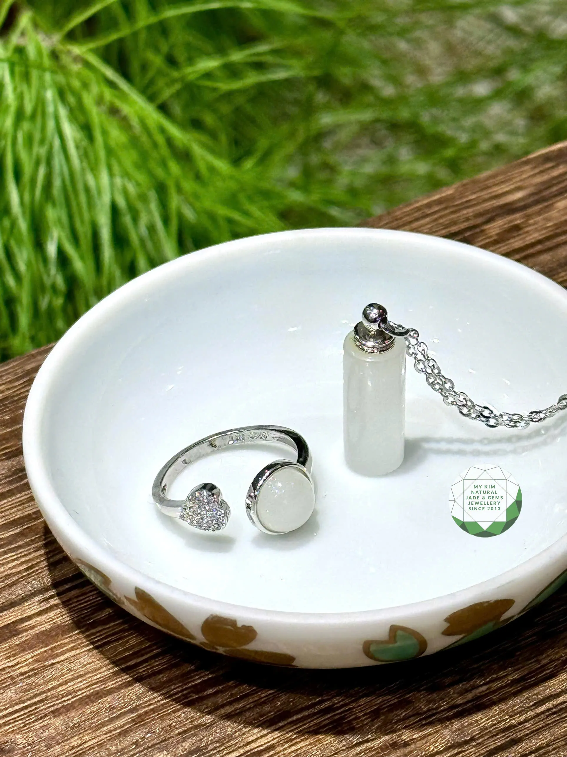 Set Ngọc Bích Nephrite Trắng - Bạc si vàng trắng cao cấp