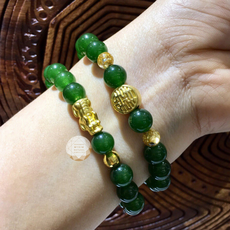 Vòng thạch anh xanh mix charm vàng 24k