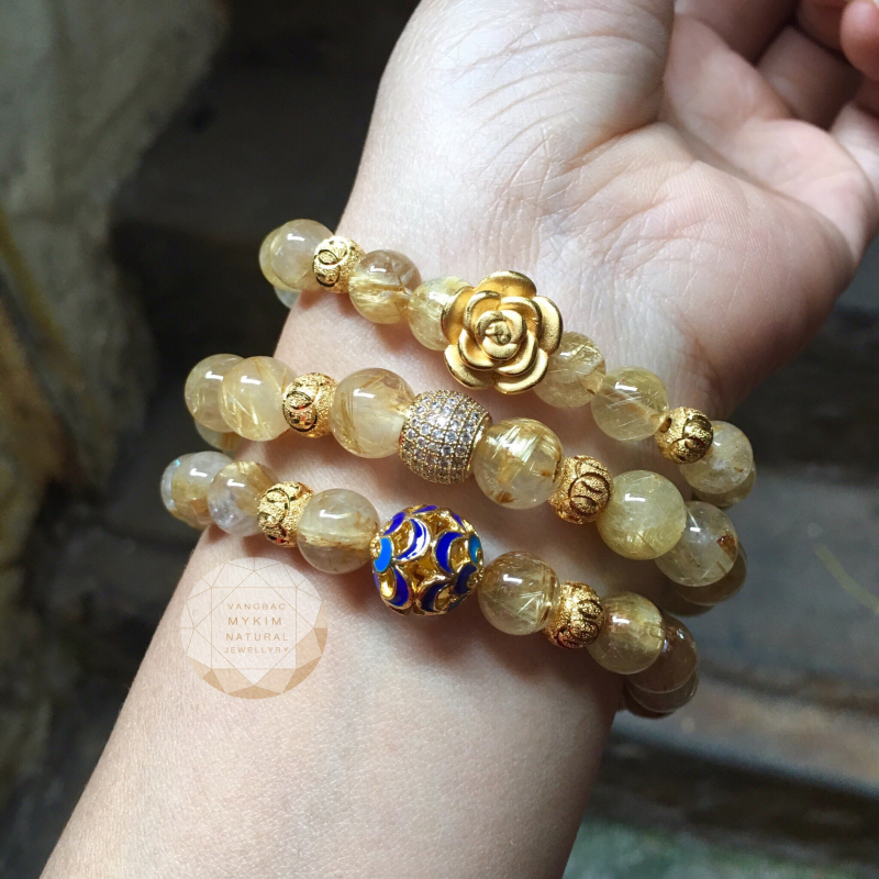 Vòng đá thạch anh tóc vàng mix charm bạc mạ vàng 24k