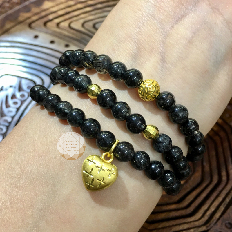 Vòng đá thạch anh tóc đen mix charm vàng 24k