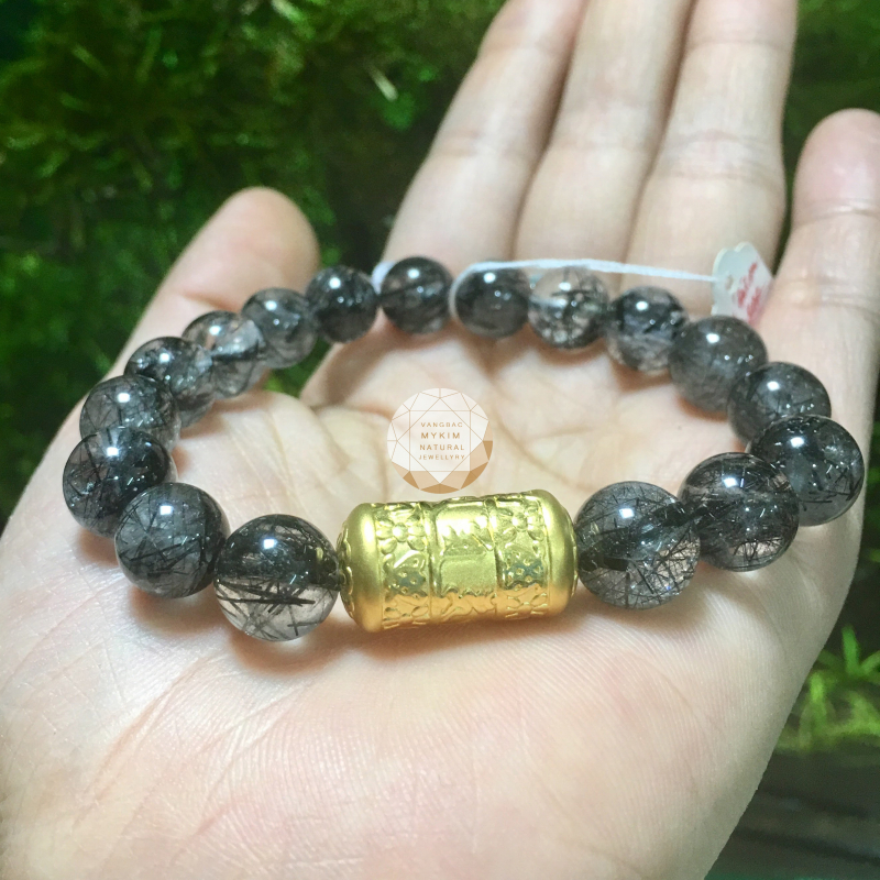 Vòng đá thạch anh tóc đen mix charm vàng 24k