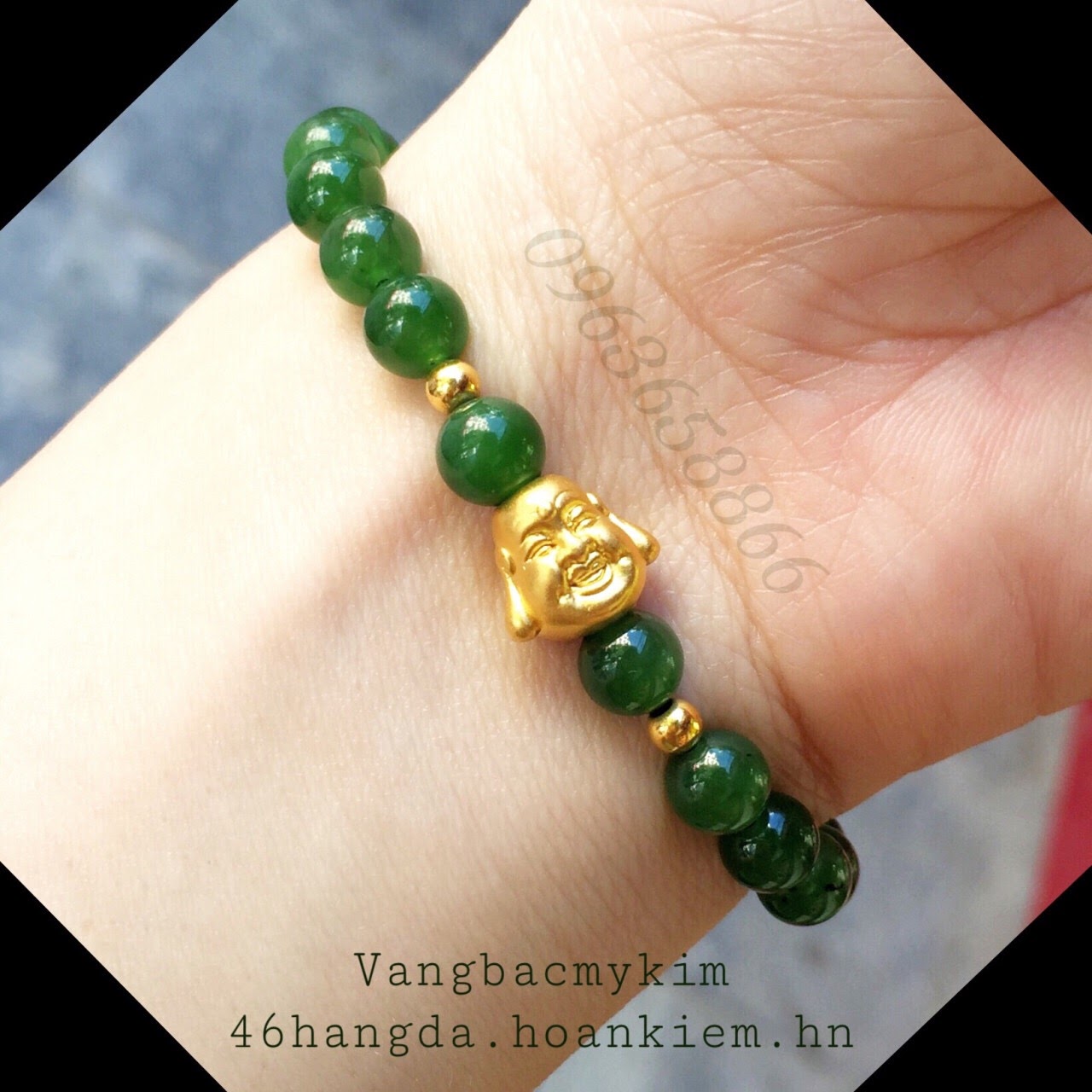 Vòng ngọc bích mix charm mặt phật ông di lạc vàng 24k