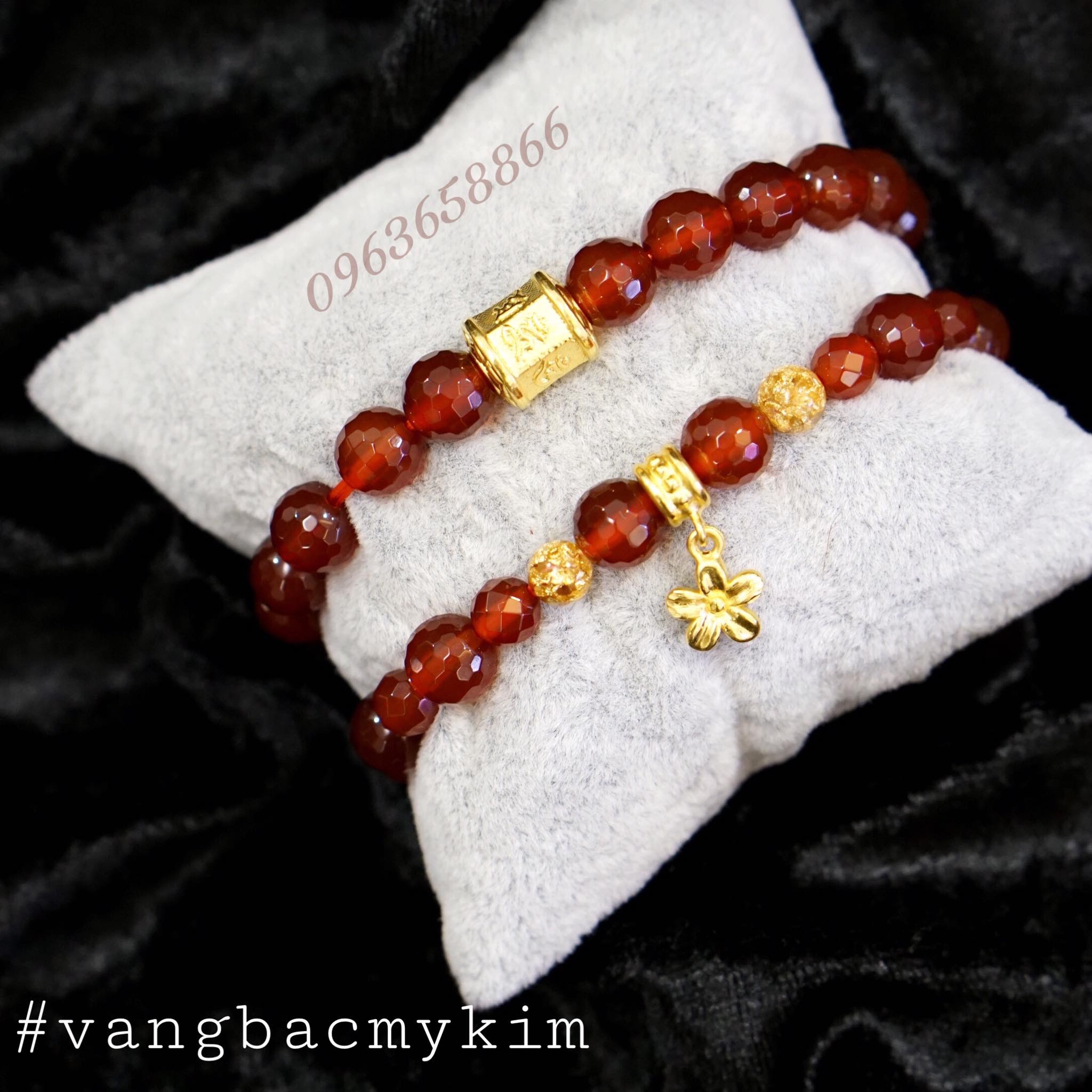 Vòng mã não phay đỏ cam mix vàng 24k