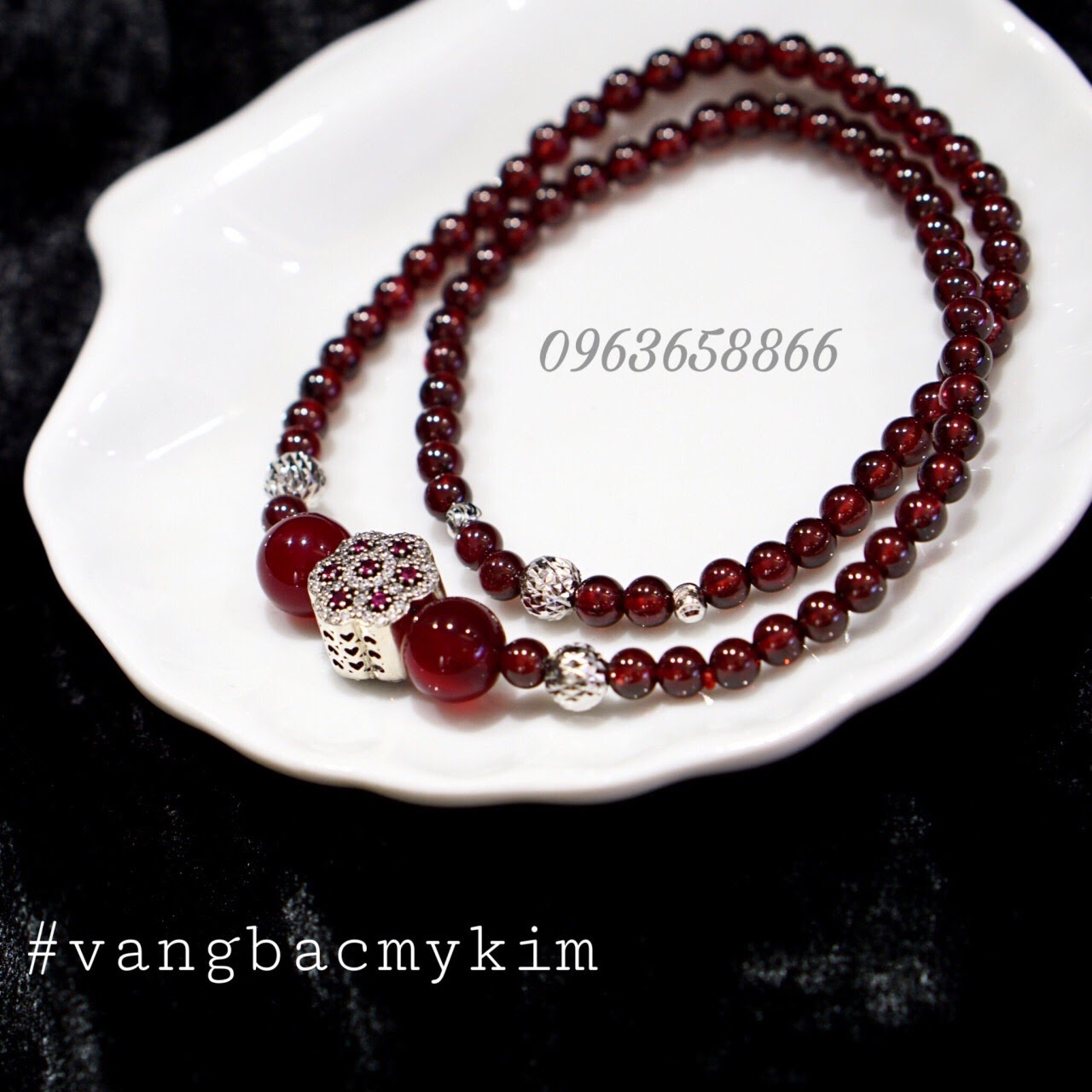 Vòng đôi đá granat mix bạc cao cấp