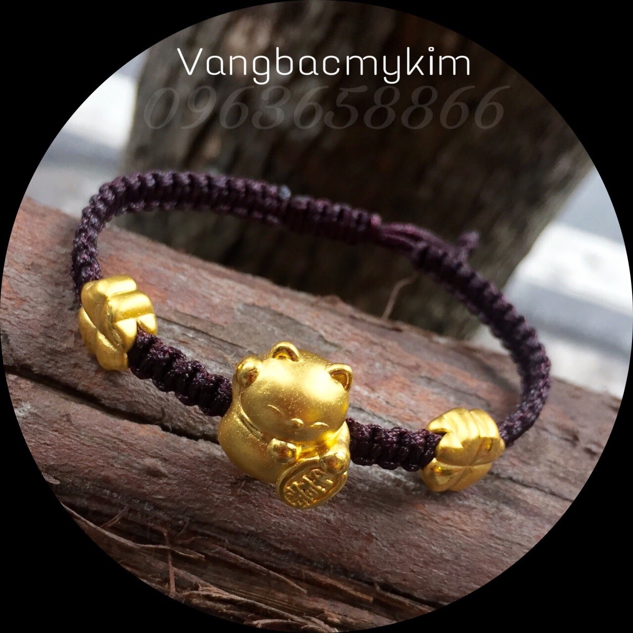 vòng dây tết charm mèo thần tài+cỏ 4 lá vàng 24k