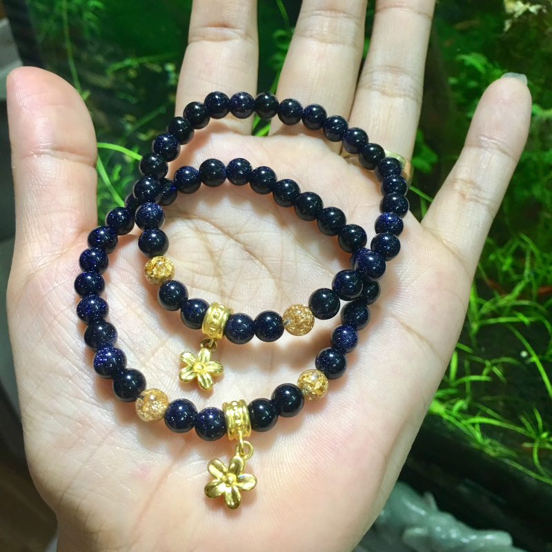 Vòng đá kim sa mix charm hoa mai rơi vàng 24k