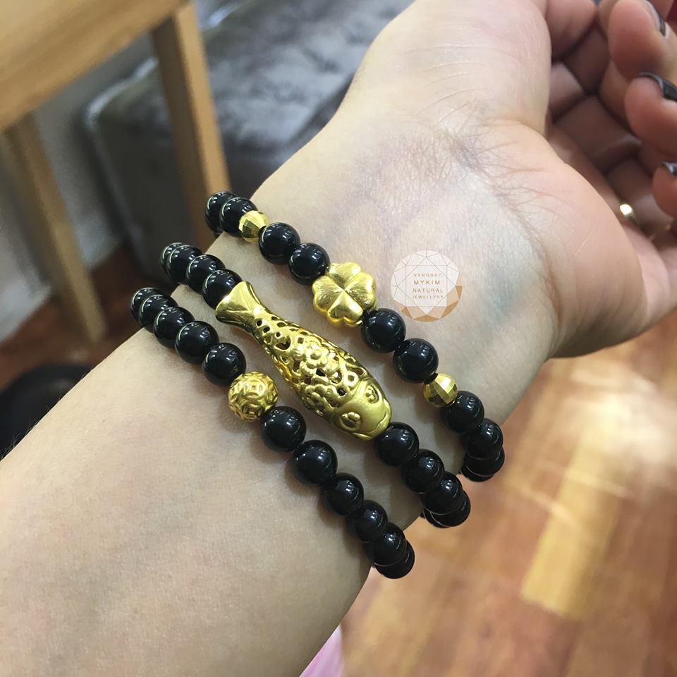 Vòng đá tektit set 3 vòng charm vàng 