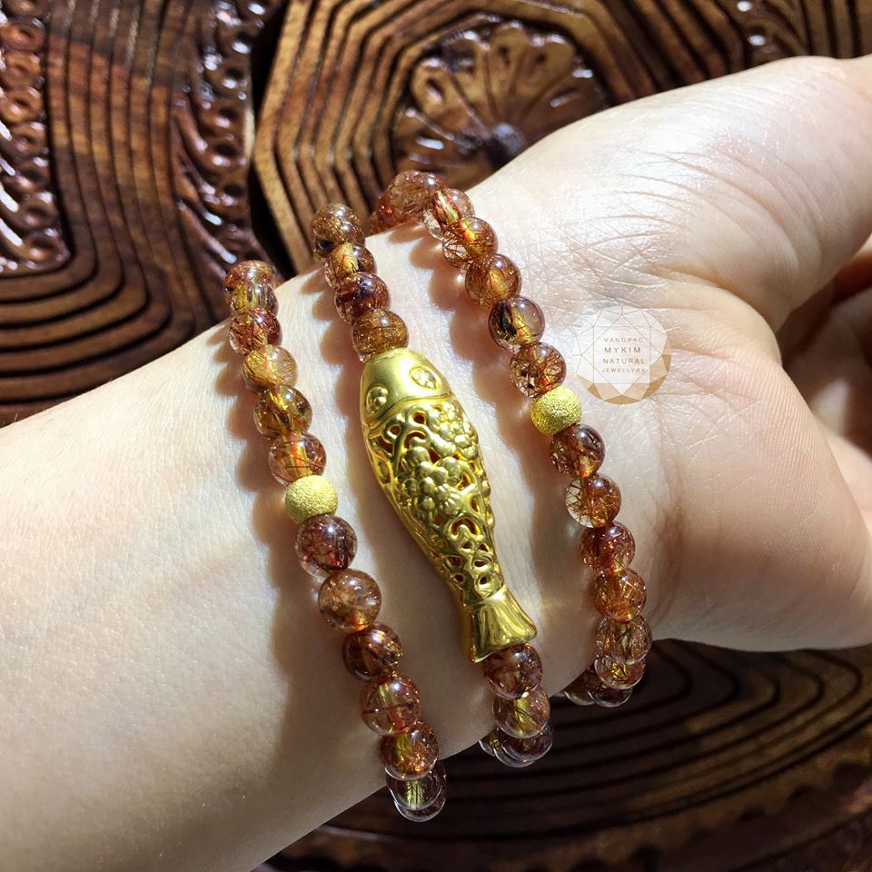 Vòng Thạch anh tóc nâu mix charm vàng 24k