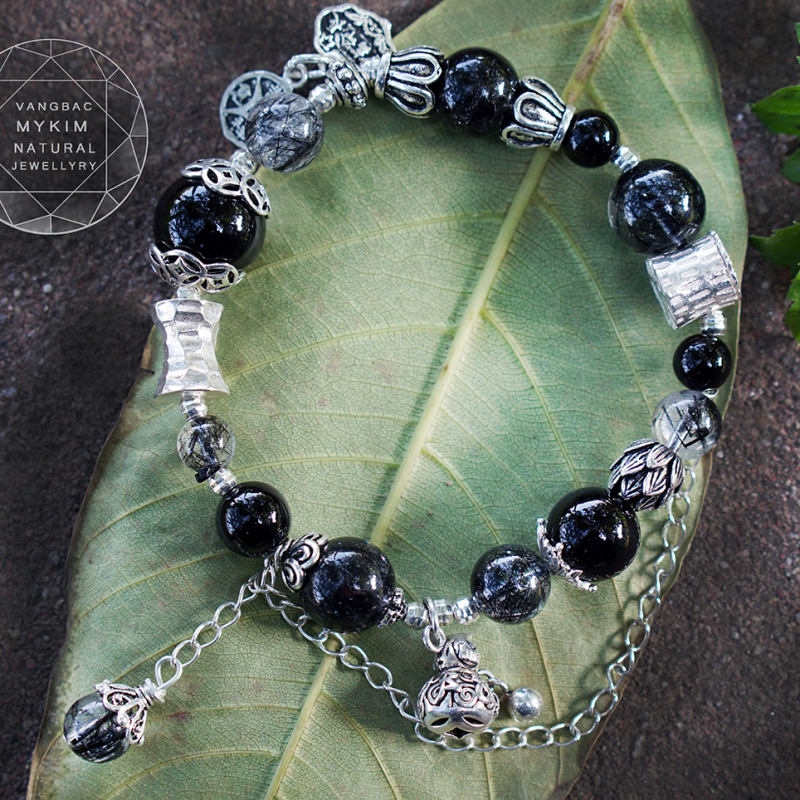 🌑 Vòng Thạch Anh Tóc Đen VIP + Đá Tektite | Mix Phụ Kiện Bạc 925 Cao Cấp – Phong Cách Phá Cách, Trẻ Trung