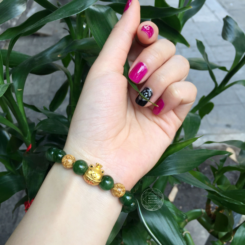 Vòng Ngọc bích tự nhiên mix Mèo thần tài vàng 24k 999,9