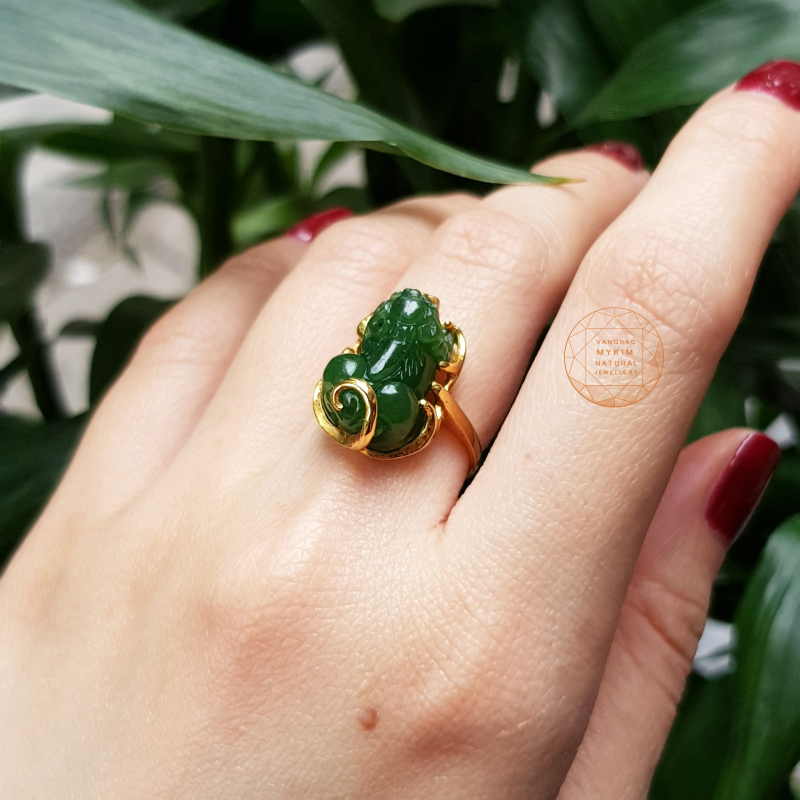 Nhẫn Tỳ Hưu Ngọc Bích Bọc Vàng Tây 10k 14k 18k | Phong Thủy Tài Lộc