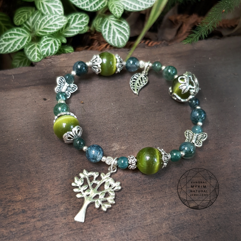 Vòng đá mắt mèo xanh + Thạch anh ưu linh thiên nhiên mix bạc cao cấp