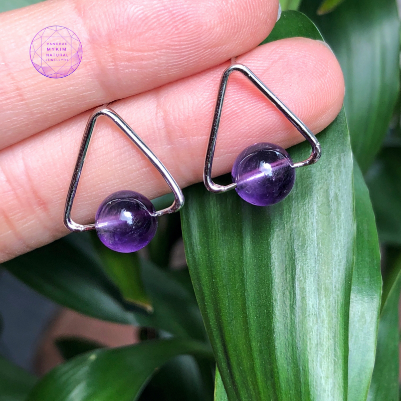 Khuyên tai Bạc si vàng trắng 18k - Thạch anh tím