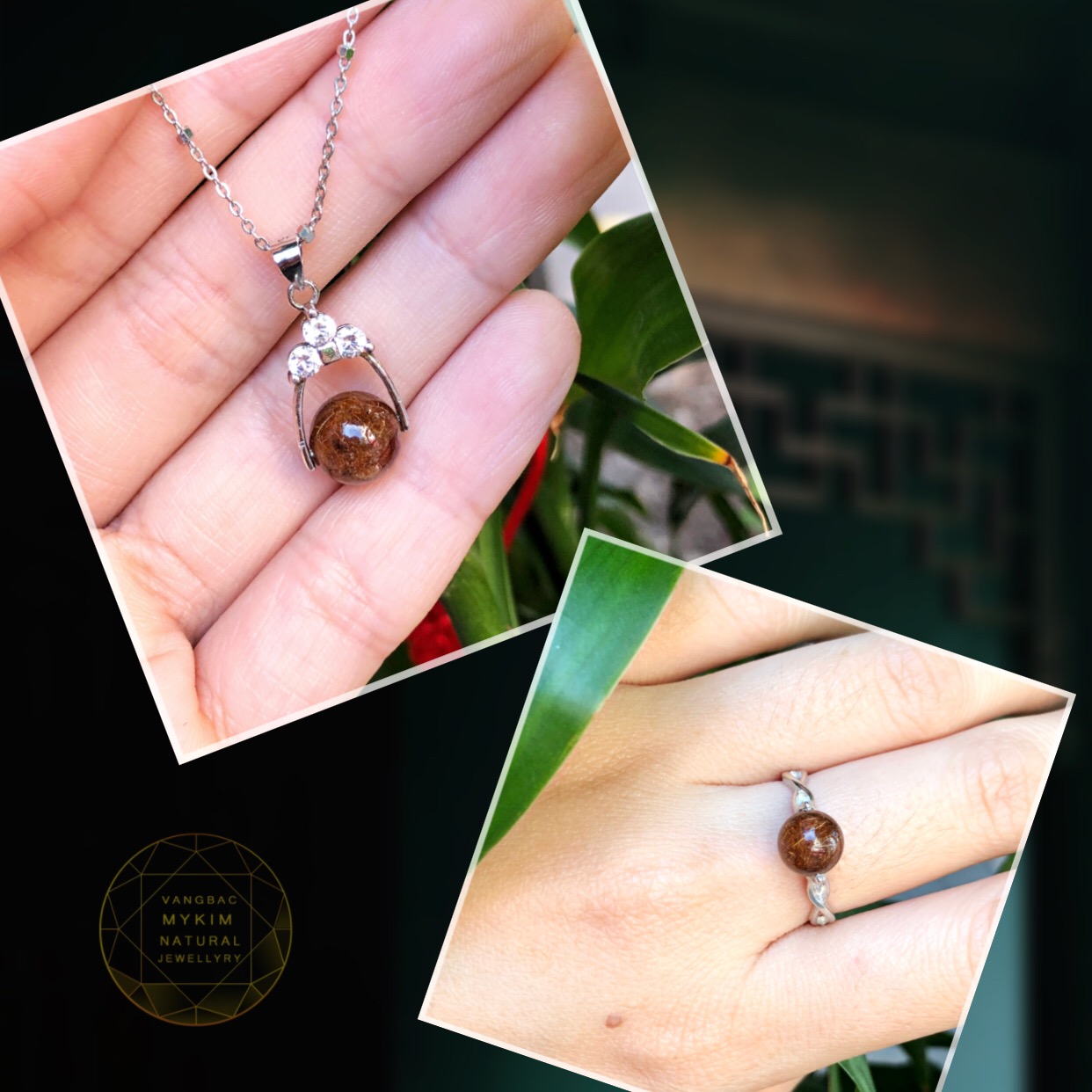 Set Bộ Thạch anh tóc nâu Bạc si vàng trắng 18k