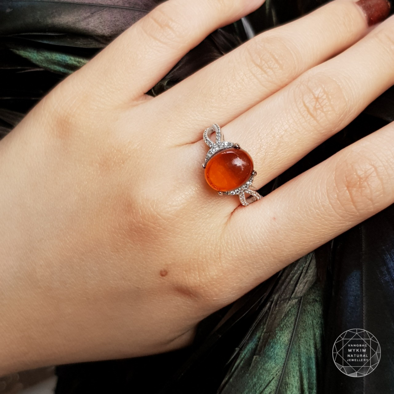 Nhẫn Hổ phách (Amber) - Bạc si vàng trắng 18k cao cấp