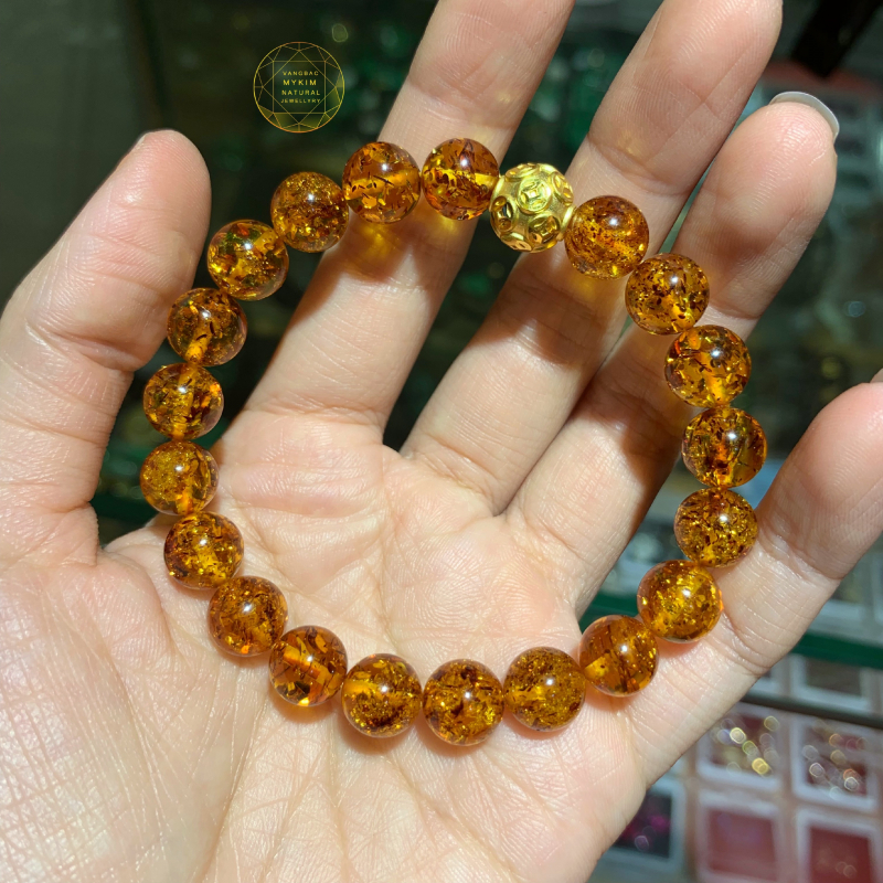 Vòng  tay hổ phách ong vàng vip mix charm kim tiền vàng 24k