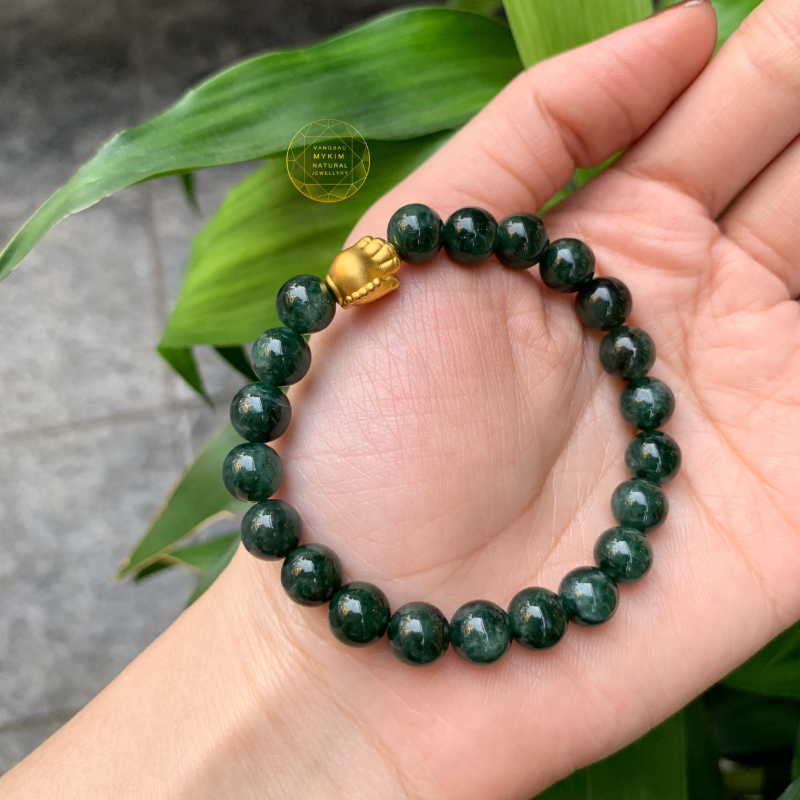 Vòng Ngọc cẩm thạch mix charm bàn tay Phật vàng 24k