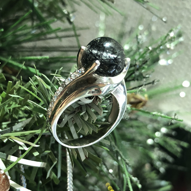 nhẫn thạch anh tóc đen bọc bạc si vàng trắng