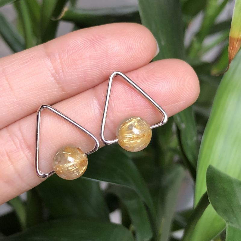 KHUYÊN TAI TAM GIÁC BẠC SI VÀNG TRẮNG THẠCH ANH TÓC VÀNG