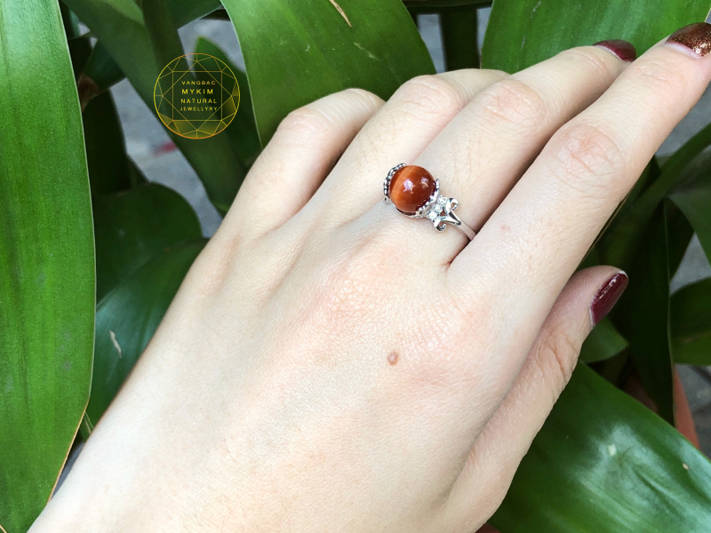 Nhẫn mắt hổ cam bọc bạc si vàng trắng