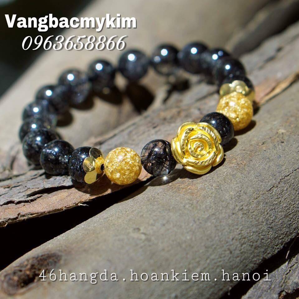 Vòng thạch anh tóc đen VIP mix charm hoa hồng vàng 24k
