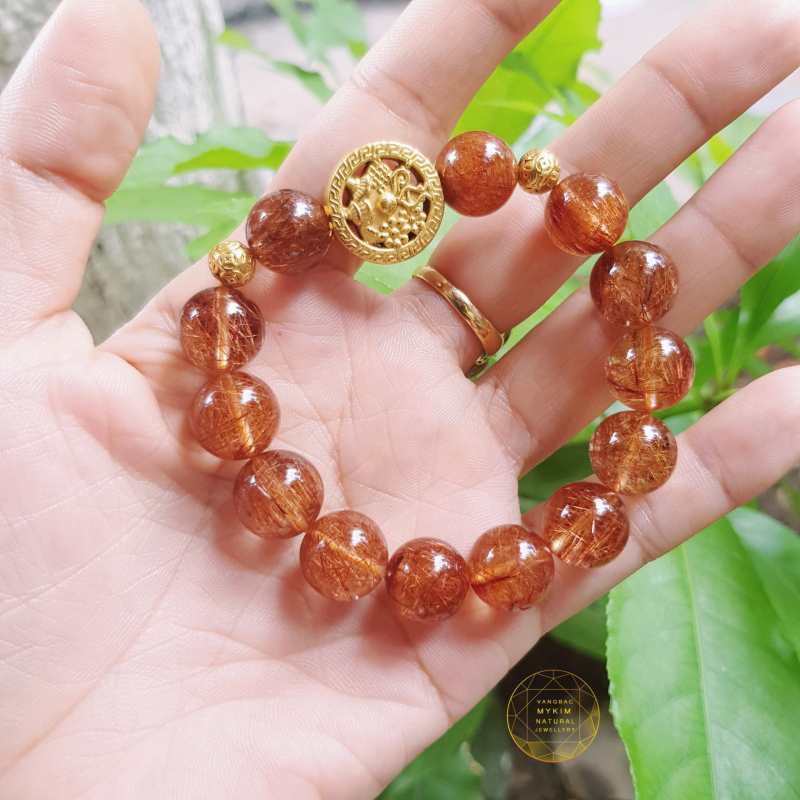 vòng thạch anh tóc nâu đỏ VIP mix charm bánh xe bát bảo cát tường