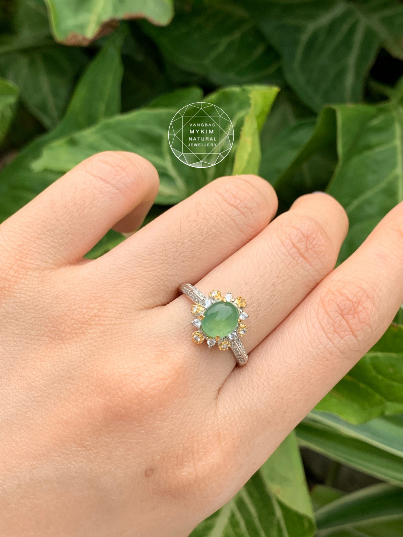 💚 NHẪN NGỌC PHỈ THÚY MYANMAR – BỌC BẠC SI VÀNG TRẮNG 18K | VIÊN NGỌC XANH TRONG, THIẾT KẾ HOA VĂN