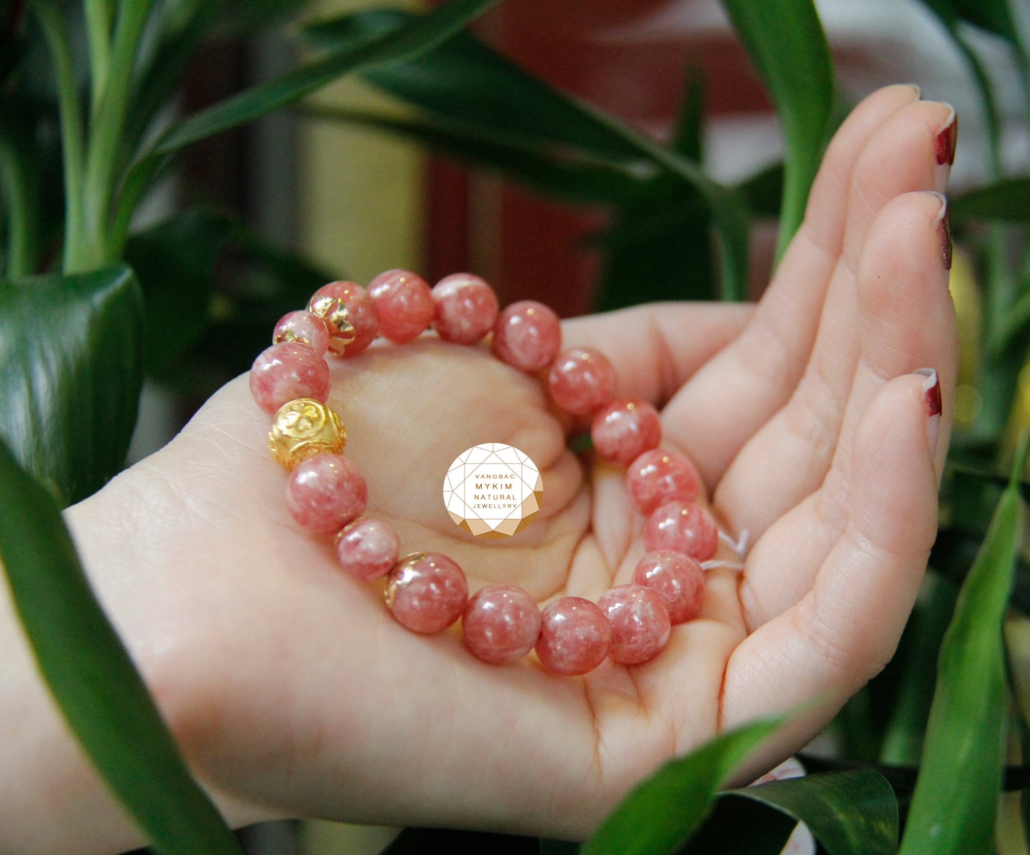 VÒNG ĐÁ ĐÀO HOA - Rhdochrosite - MIX VÀNG 24K