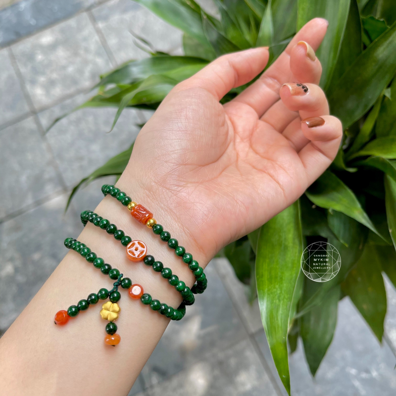 Chuỗi 3v Đá Sơn thủy mix Ngọc Phỉ Thúy - Vàng 24k