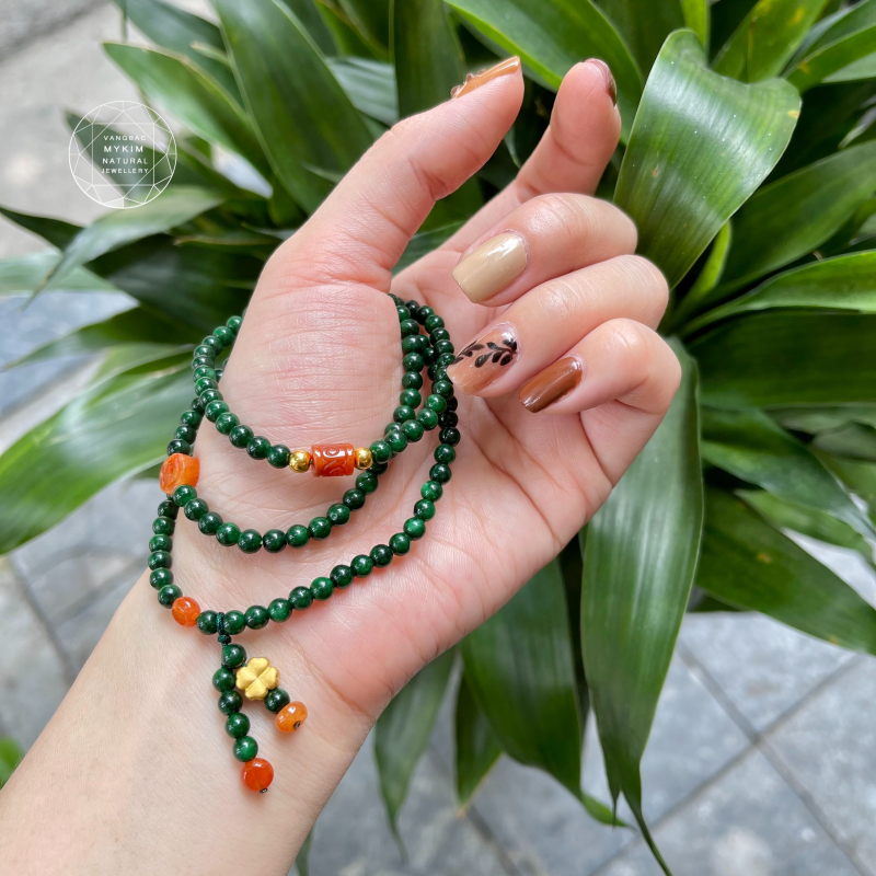 Chuỗi 3v Đá Sơn thủy mix Ngọc Phỉ Thúy - Vàng 24k