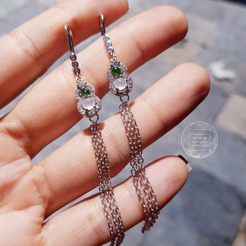 Bông Tai Hồ Lô Ngọc Phỉ Thúy Myanmar - Dáng dài - Bạc si vàng 18k