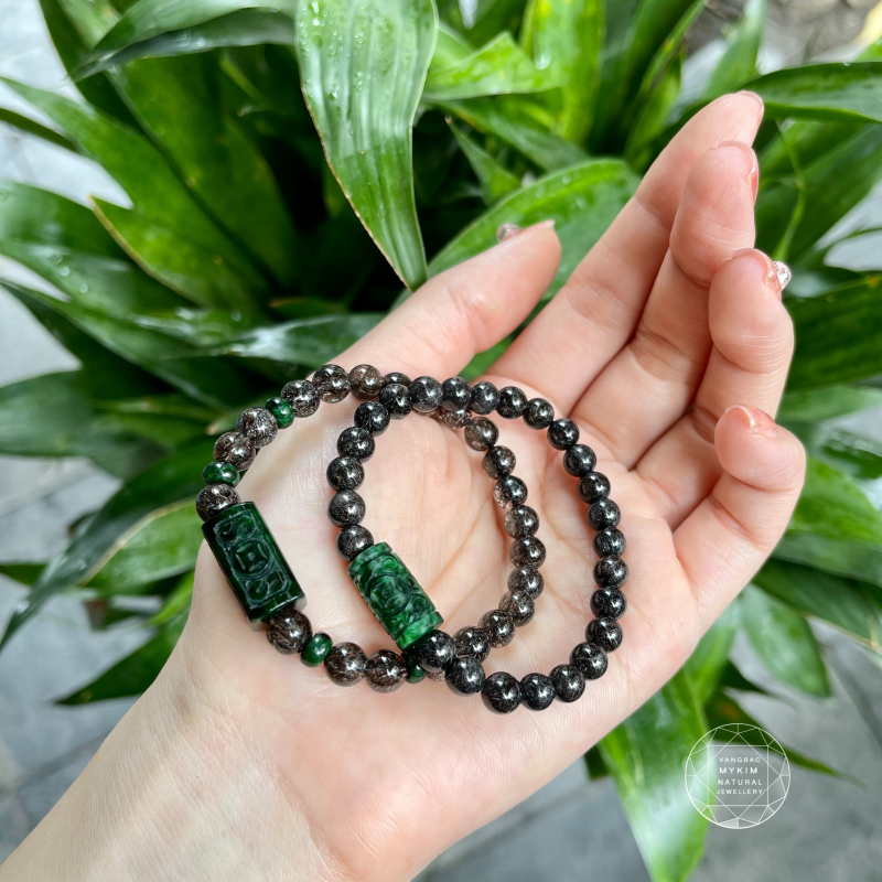 🖤 Vòng Tay Thạch Anh Tóc Đen Ánh Kim – Mix Lu Thống Ngọc Phỉ Thúy Điêu Khắc | Tinh Tế – Bền Vững – Dễ Phối