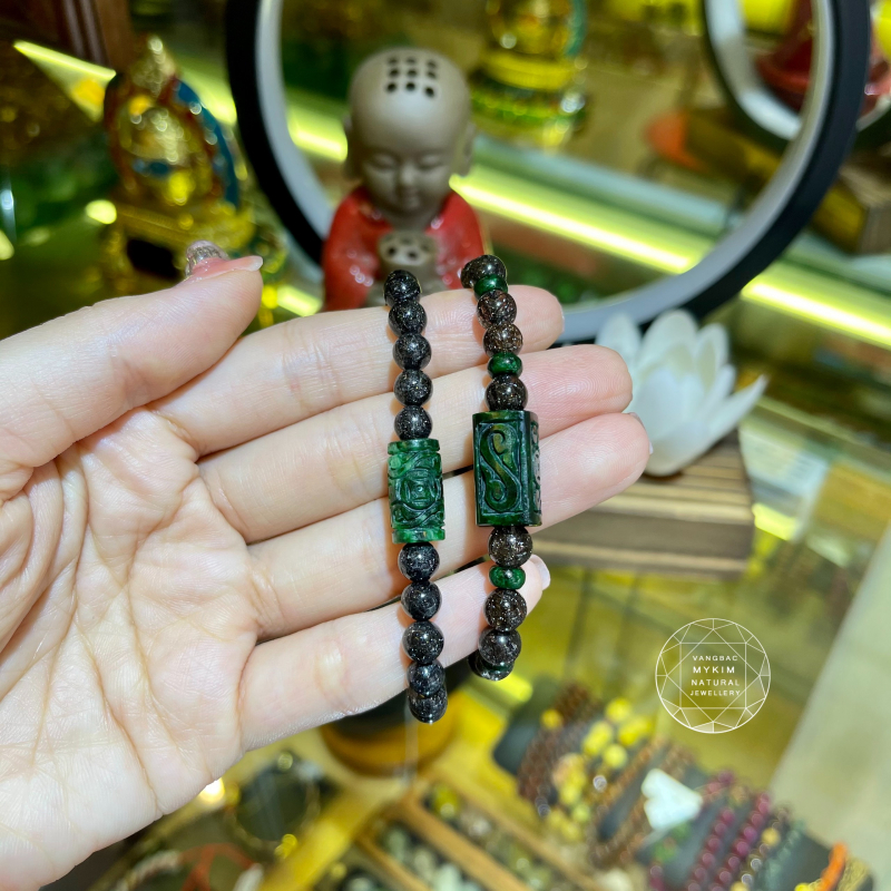 🖤 Vòng Tay Thạch Anh Tóc Đen Ánh Kim – Mix Lu Thống Ngọc Phỉ Thúy Điêu Khắc | Tinh Tế – Bền Vững – Dễ Phối