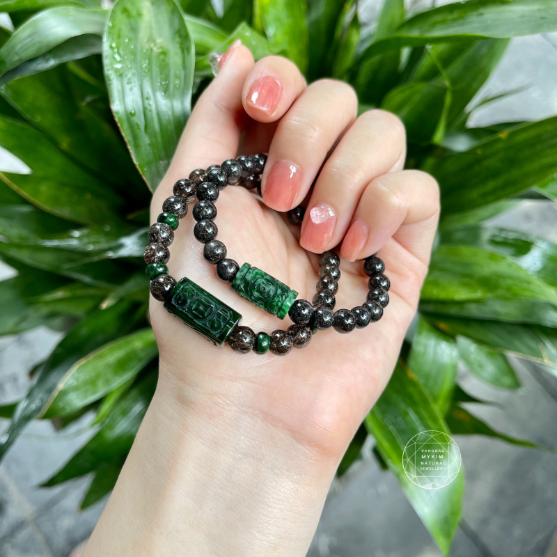 🖤 Vòng Tay Thạch Anh Tóc Đen Ánh Kim – Mix Lu Thống Ngọc Phỉ Thúy Điêu Khắc | Tinh Tế – Bền Vững – Dễ Phối