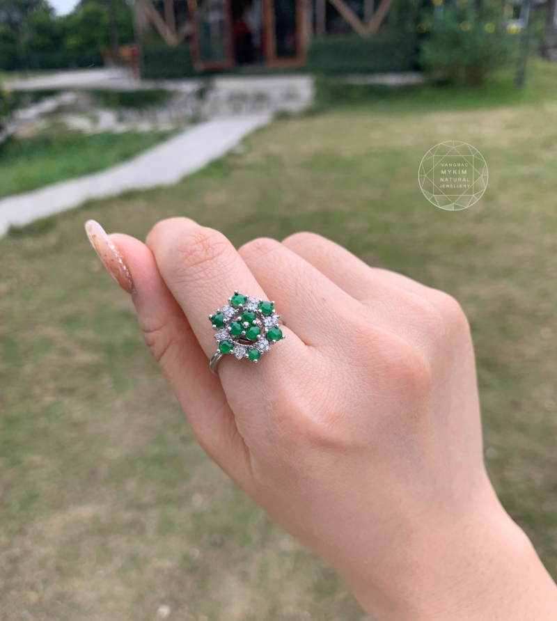 Nhẫn Bông Tuyết xoay - Ngọc Phỉ Thúy - Bạc si vàng trắng18k