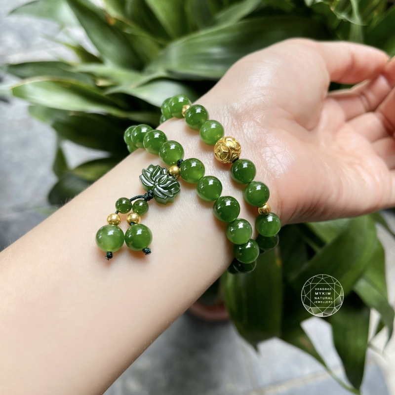 Chuỗi Ngọc Bích NEPHRITE CANADA Hoa Sen mix Vàng 24k