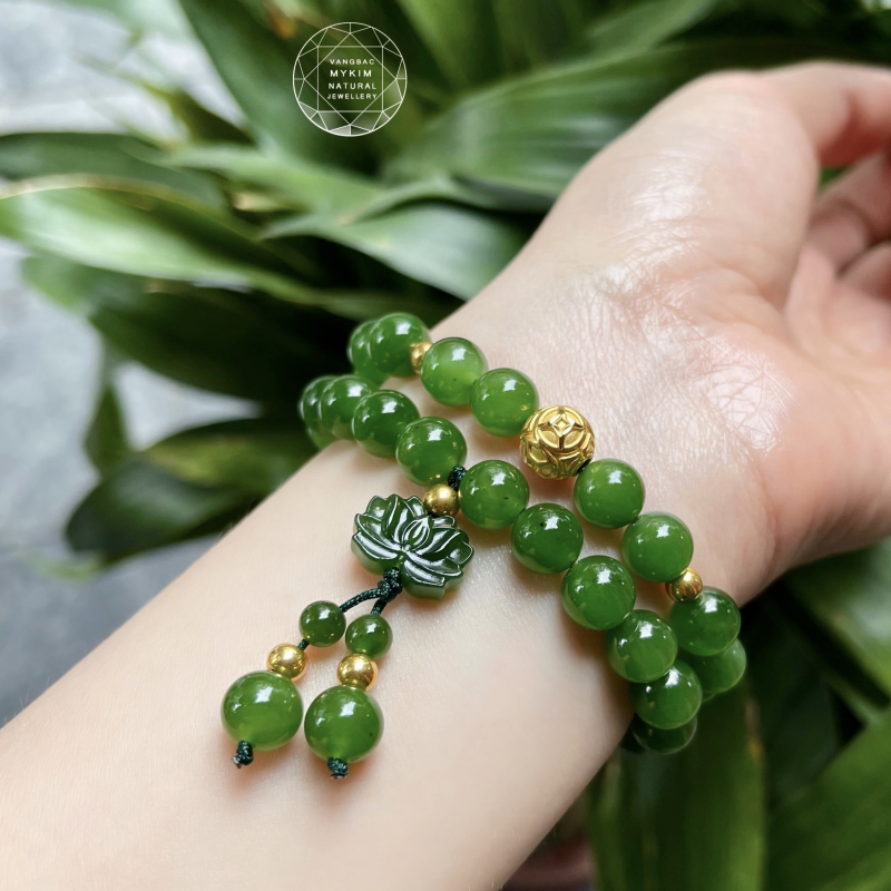 Chuỗi Ngọc Bích NEPHRITE CANADA Hoa Sen mix Vàng 24k