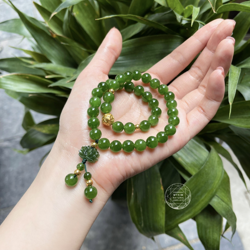 Chuỗi Ngọc Bích NEPHRITE CANADA Hoa Sen mix Vàng 24k