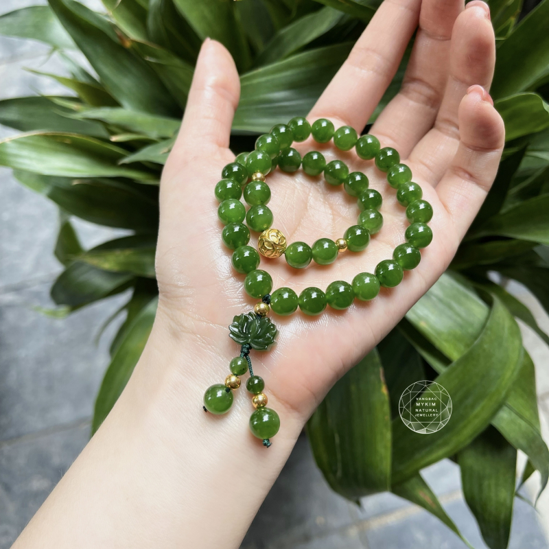 Chuỗi Ngọc Bích NEPHRITE CANADA Hoa Sen mix Vàng 24k