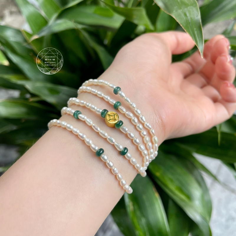 Chuỗi Ngọc Trai hạt gạo mix Ngọc Phỉ Thúy - Vàng 24k