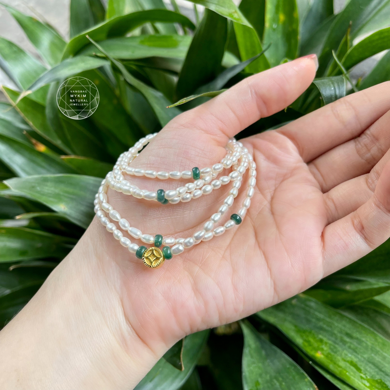 Chuỗi Ngọc Trai hạt gạo mix Ngọc Phỉ Thúy - Vàng 24k