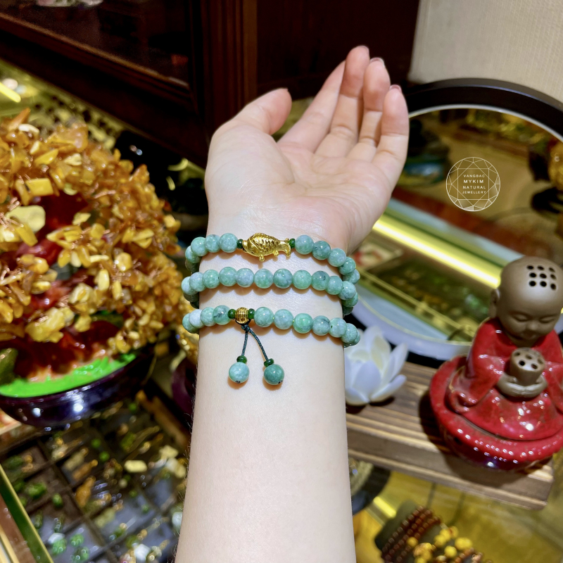 Chuỗi Vòng Ngọc Phỉ Thúy Đậu Chủng - Cá chép vàng 24k HK (9999)n