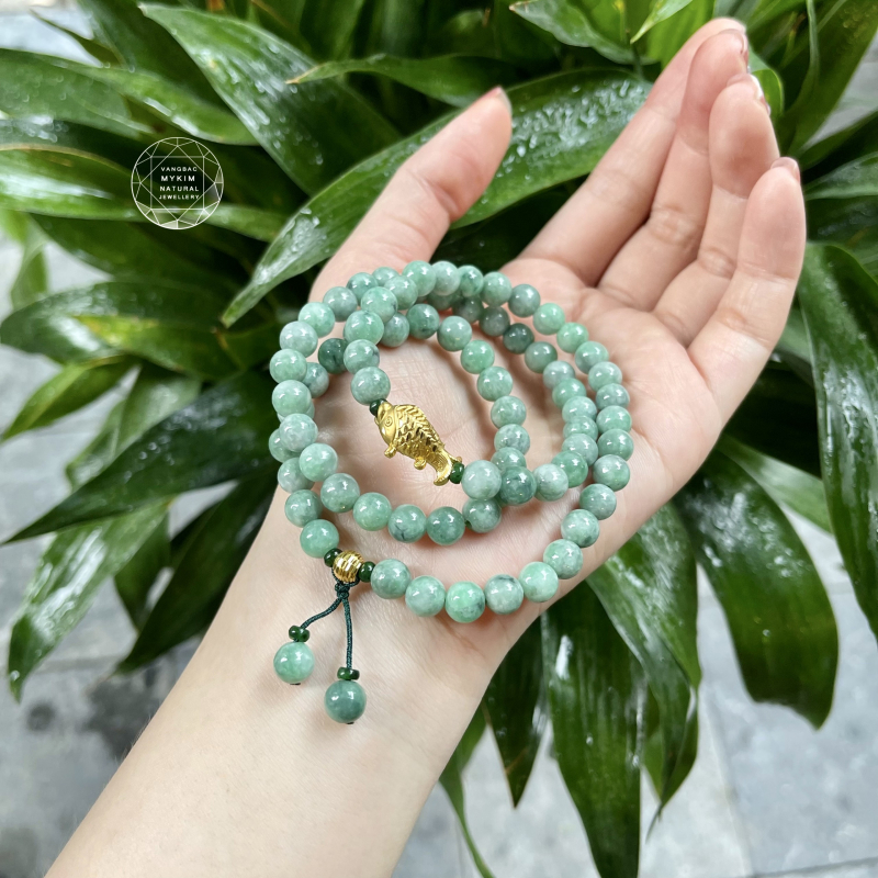 Chuỗi Vòng Ngọc Phỉ Thúy Đậu Chủng - Cá chép vàng 24k HK (9999)n
