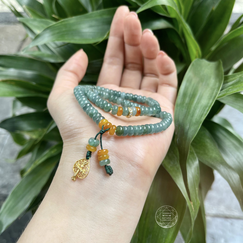 Vòng Phỉ Thúy Băng Dầu mix Lá Bồ Đề Vàng 10k